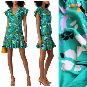 Veronica Beard Marla Ruched Floral Green Silk Mini Dress Flounce S 4 Davina Eva